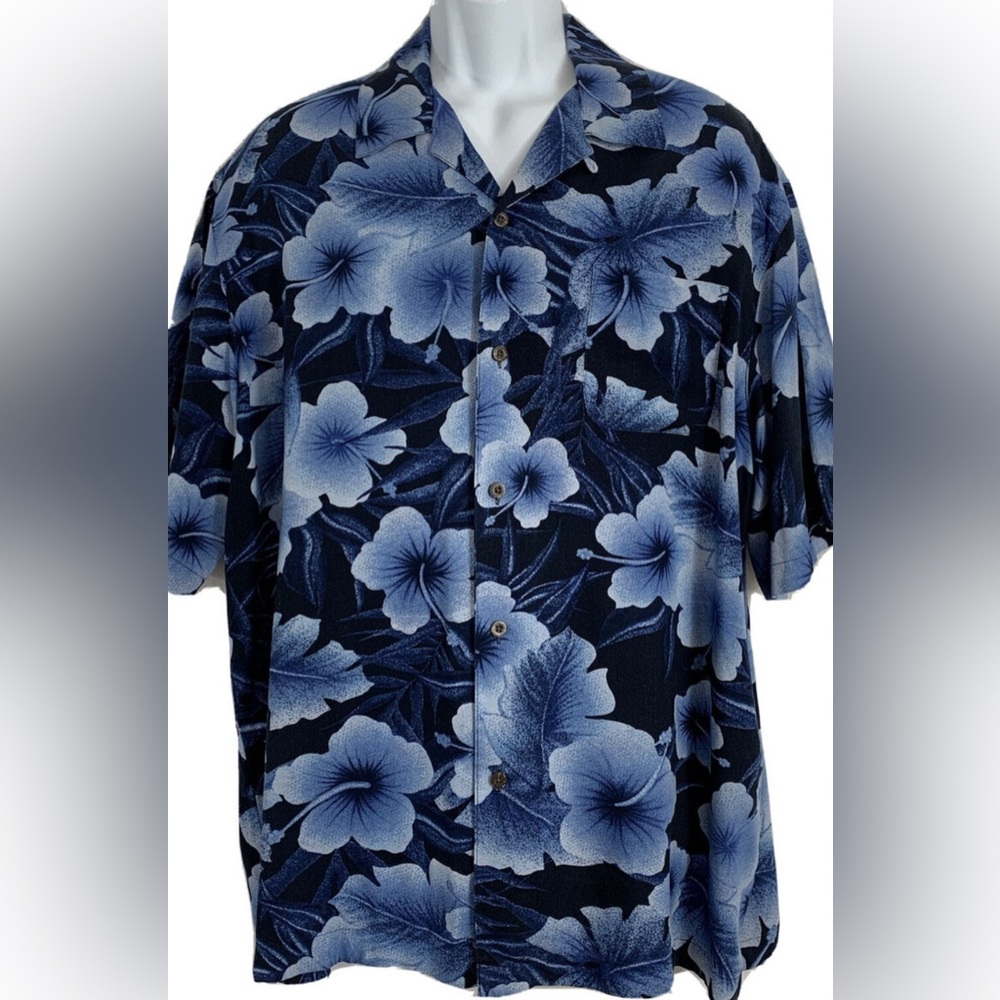 George Blue Tropical Floral Hawaiian Button Up Shirt Rayon Size M
